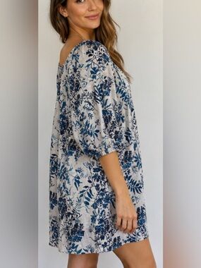Valentina Naldi Italy Linen Blend Floral Tunic Dress Blue White Size L